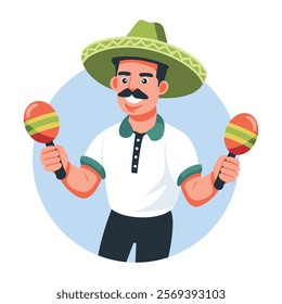 A flat illustration of mexican character skating maracas 