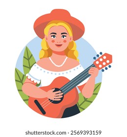 A flat illustration of a mexican female guitar player 