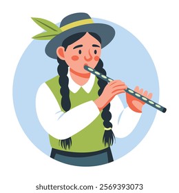 A flat illustration of a mexican girl playing flute 