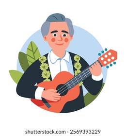 A flat illustration of a mexican guitarist character 