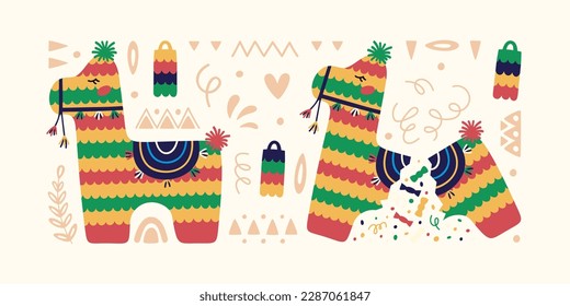Flat illustration of mexican lama pinata and mini pinatas. One lama pinata is broken