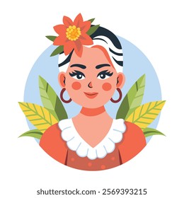 A flat illustration of a mexican woman put flower in her head 