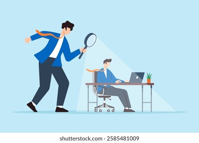 Flat illustration of micromanaging boss toxic manager use magnifying glass to monitoring employee excessively