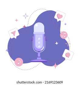 Flat illustration of microphone with abstract geometric shapes, social media icons on abstract background.Podcast recording and listening, broadcasting, online radio, audio streaming service concept.