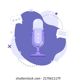 Flat illustration of microphone with abstract geometric shapes abstract background. Podcast recording and listening, broadcasting, online radio, audio streaming service concept.