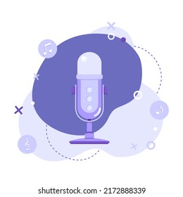 Flat illustration of microphone with abstract geometric shapes abstract background. Podcast recording and listening, broadcasting, online radio, audio streaming service concept.