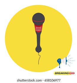 Flat illustration of the microphone and loudspeaker for the breaking news.