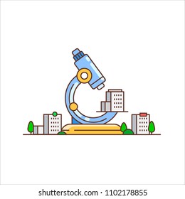 Flat illustration of a microscope with buildings