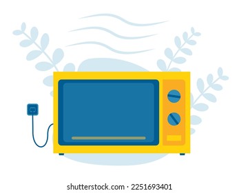 Flat illustration of microwave. Microwave oven vector isolated icon. Microwave oven and flora background. 