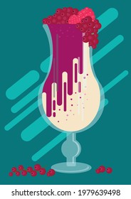 flat illustration of milkshake with currants and raspberries on green background