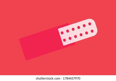 Flat illustration of mini pills with red background. Red and white concept.