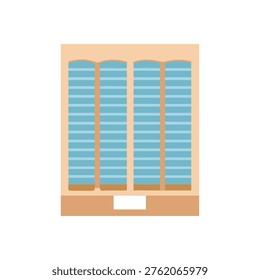 Flat illustration of a minimalist building facade in pastel colors. Simple geometric shapes and lines create a modern aesthetic.