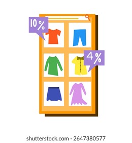 Flat illustration of mobile fashion shopping app interface with clothing items and discount tags, perfect for online store concepts