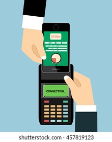 Flat illustration of mobile payment via smartphone. Human hand holds a smartphone and doing payment by credit card wireless connecting to the payment terminal
