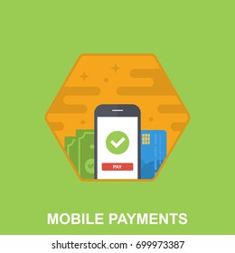 Flat Illustration of Mobile Payments. Design Concept of  Phone Screen with Online Payment, Mastercard and Bills