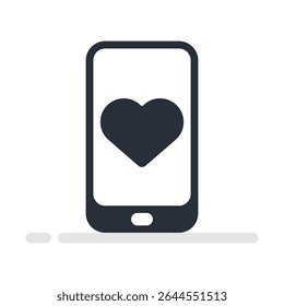 Ilustração plana de um telefone celular com um coração na tela, símbolo de namoro app ou relacionamento digital.