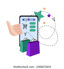 Ilustración plana de un teléfono móvil con dos bolsas de compras y un pulgar arriba. Ilustración vectorial de una aplicación de compra en línea.