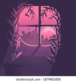 Flat illustration with a modern apartment in the center of the city. Pink and purple background with sunset and buildings seen through the window.
