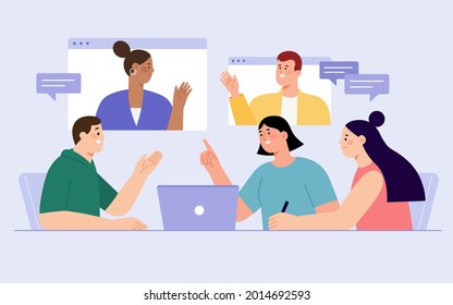 Flat illustration of modern business conference. Group of people having on site meeting with two colleagues remotely discussing via video call.