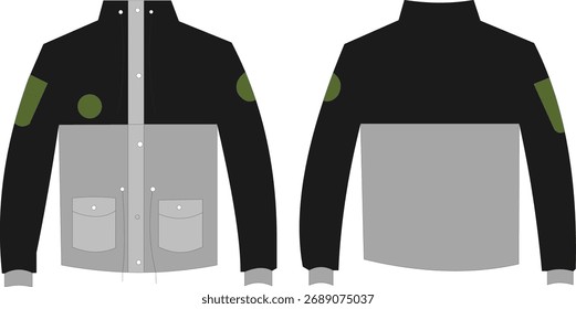 Flat illustration of a modern casual jacket shown from front and back view. This image represents fashion design, clothing mockup, apparel concept, and modern lifestyle. Suitable for fashion catalogs, online shops, product presentation, and clothing design projects