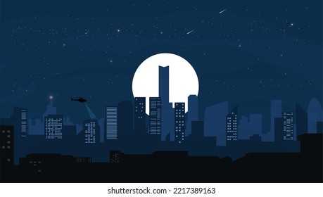 flat illustration of modern city night view with moon and stars and helicopter