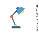 Flat illustration of a modern desk lamp with blue and yellow colors set against a White Background. Clean and simple style.