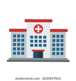 Flat illustration of a modern hospital building with red cross symbol, representing medical center, clinic, or emergency healthcare facility