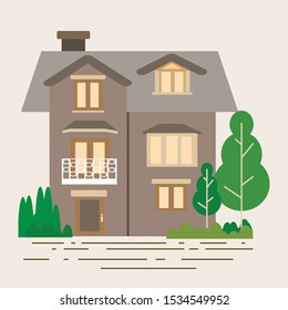 Flat illustration of modern house design with wood brown color. House front cartoon vector illustrations.