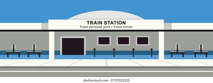 Flat Illustration of a Modern Train Station Building. Railway station. Train transit. Train ticket. Public service.