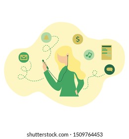 Flat illustration. Modern vector illustration concept of women are listening music and looking at various notifications on the phone. 
