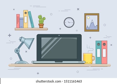 Flat illustration of modern workplace. Minimalistic creative style for design