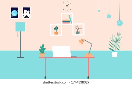 Ilustración plana del lugar de trabajo moderno en la habitación. Área de trabajo de oficina creativa. Estilo minimalista y plano. Ilustración desde casa. Ilustración vectorial del lugar de trabajo moderno con ordenador e interior.
