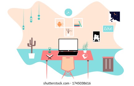 Flat Illustration of modern workplace in room. Creative office workspace. Flat minimalist style. Illustration work from home. Vector illustration of modern working place with computer and interior.