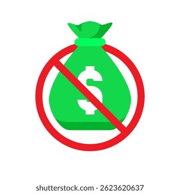 flat illustration of a money bag with a crossed out dollar symbol. no commission fee or zero cost. for financial apps, payment platforms, e commerce, and pricing policy visuals