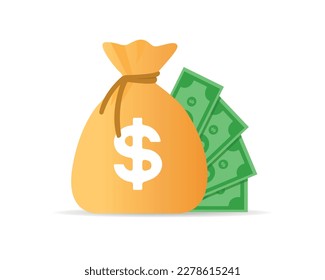 Flat illustration of a money bag with a dollar icon. Dollar currencies behind. Cash, business and finance, sign of banking. Isolated on white background png