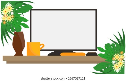Flat illustration of a monitor on a wooden desk, surrounded by tropical leaves, flowers, and cups, blending tech with natural decor.
