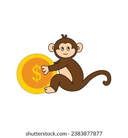 Flat illustration of a monkey holding a coin while sitting.