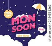 Flat illustration for monsoon season sale. Monsoon season sale banner template with umbrellas