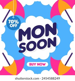 Flat illustration for monsoon season sale. Monsoon season sale banner template with umbrellas