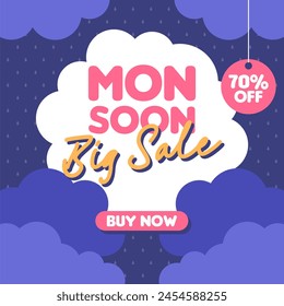 Flat illustration for monsoon season sale. Monsoon season sale banner template with umbrellas