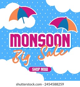 Flat illustration for monsoon season sale. Monsoon season sale banner template with umbrellas