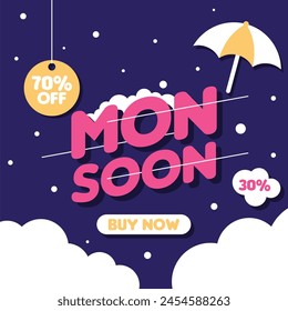 Flache Illustration für Monsun Saison Verkauf. Monsun Saison Sale Banner Vorlage mit Regenschirmen