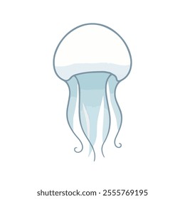 Flat illustration of a moon jellyfish with soft white and blue tones, minimalistic design, smooth, clean background, stylized