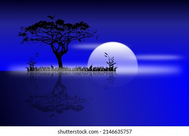 flat illustration of moonlight reflected on the surface of the lake water at night.