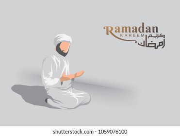 Flat Illustration of moslem man praying for Ramadan Kareem with grey background and arab text. Vector Illustration