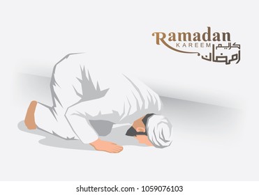 Flat Illustration of moslem man praying for Ramadan Kareem with grey background and arab text. Vector Illustration