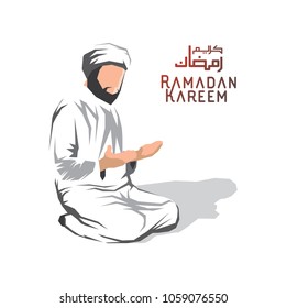 Flat Illustration of moslem man praying for Ramadan Kareem with grey background and arabic text. Vector Illustration