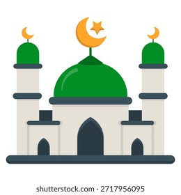 Ilustração plana de uma mesquita com uma proeminente cúpula verde e dois minaretes altos, simbolizando a arquitetura islâmica.