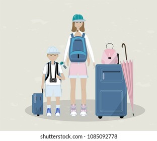 Flat illustration of mother and children with baggage. umbrella. People traveling design.  Smiling woman with luggage holding baby in a sling( backpack for baby) and tickets, ready for vacation. 