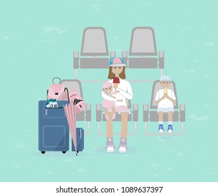 Flat illustration of mother and children with baggage, umbrella in an airport sitting in chaires. Smiling woman with luggage holding baby ready for vacation. Vector illustration.